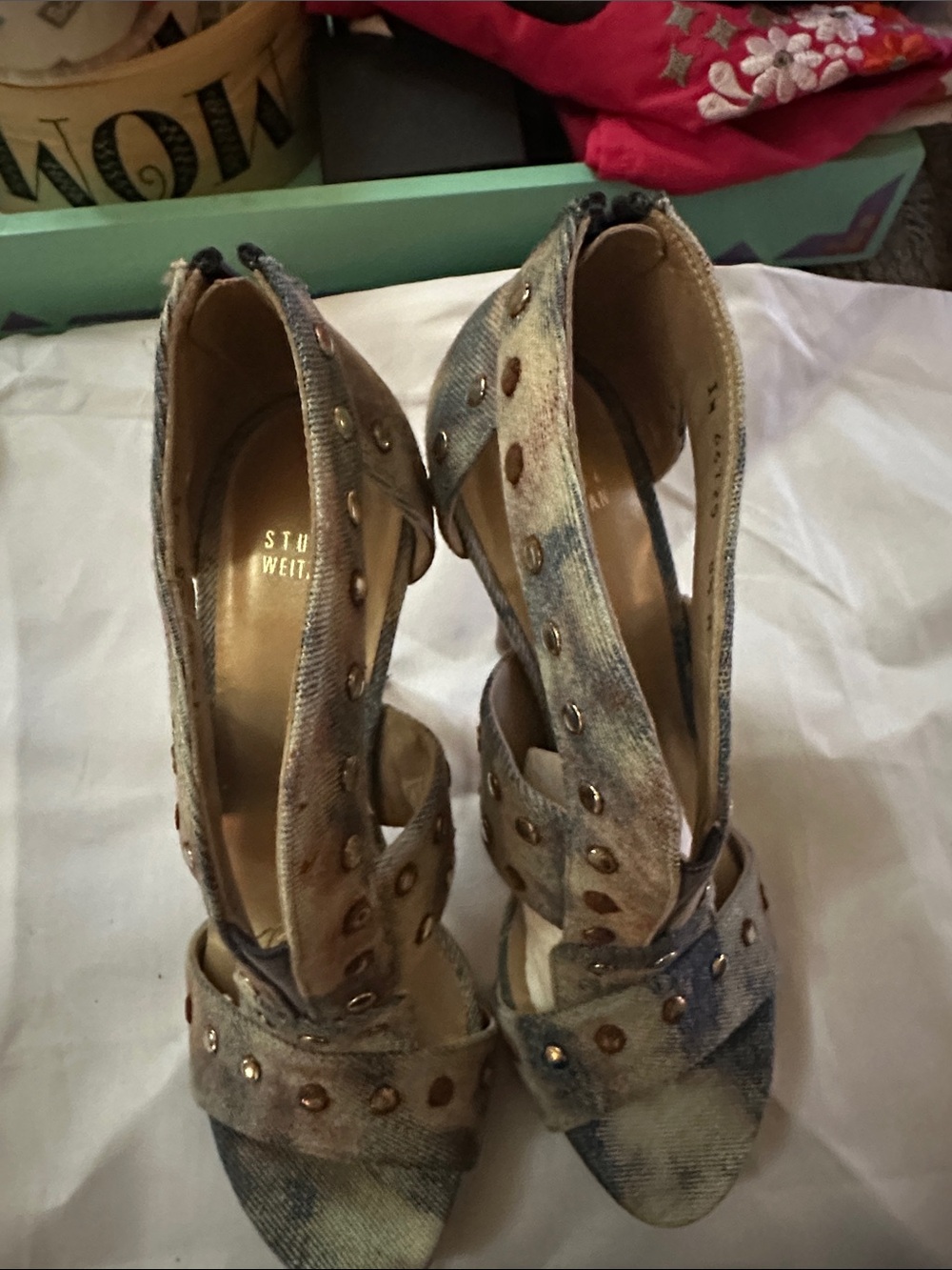 Stuart Weitzman Multicolor Denim Studded High Heels